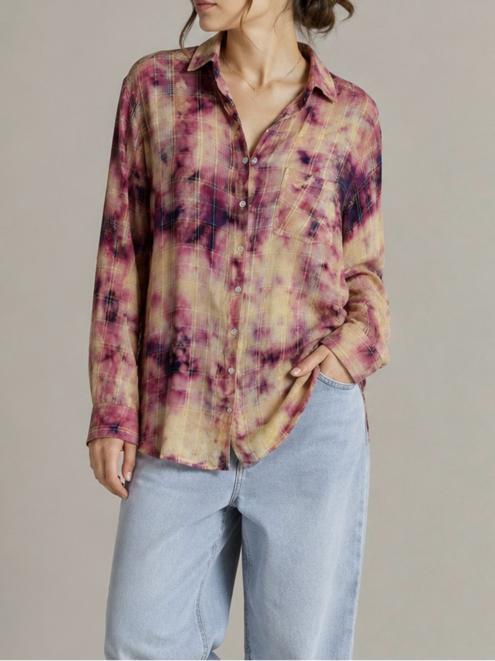 Tie-Dye Button-Front Shirt in Pink & Yellow
